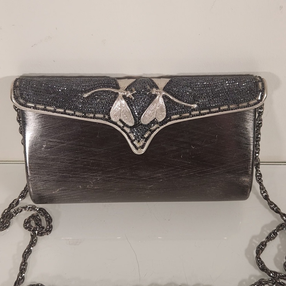 Vintage RODO Italy Metal Dragonfly Design Rhinestone Clutch Handbag - DAMAGED